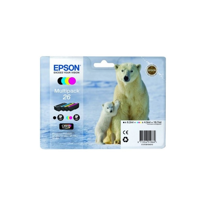 T2616 - MultiPack originale Epson T26, Set composto da n.4 cartucce: n. 1 T2601 + n. T2612 + n. 1 T2613 + n. 1 T2614 T2616 - MultiPack originale Epson T26, Set composto da n.4 cartucce: n. 1 T2601 + n. T2612 + n. 1 T2613 + n. 1 T2614